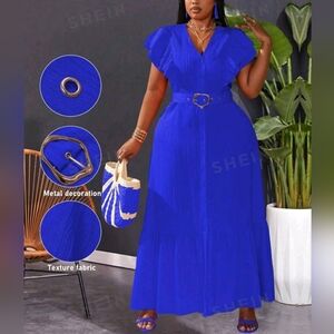 SHEIN Butterfly Sleeve Ruffle Hem Belted Dress